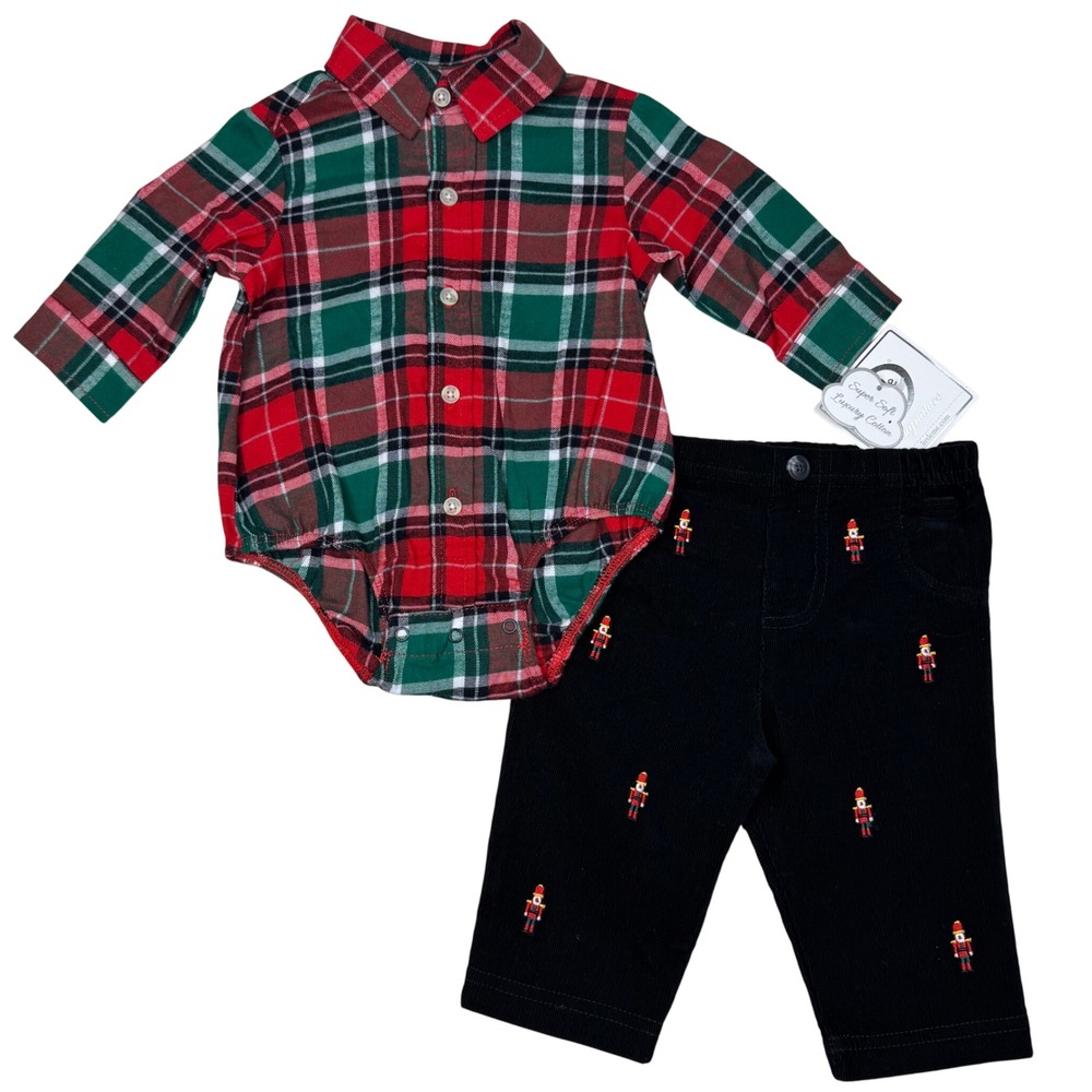 NEW Little Me Baby Plaid Red Green Bodysuit Black Nutcracker Pants Outfit Set 3M